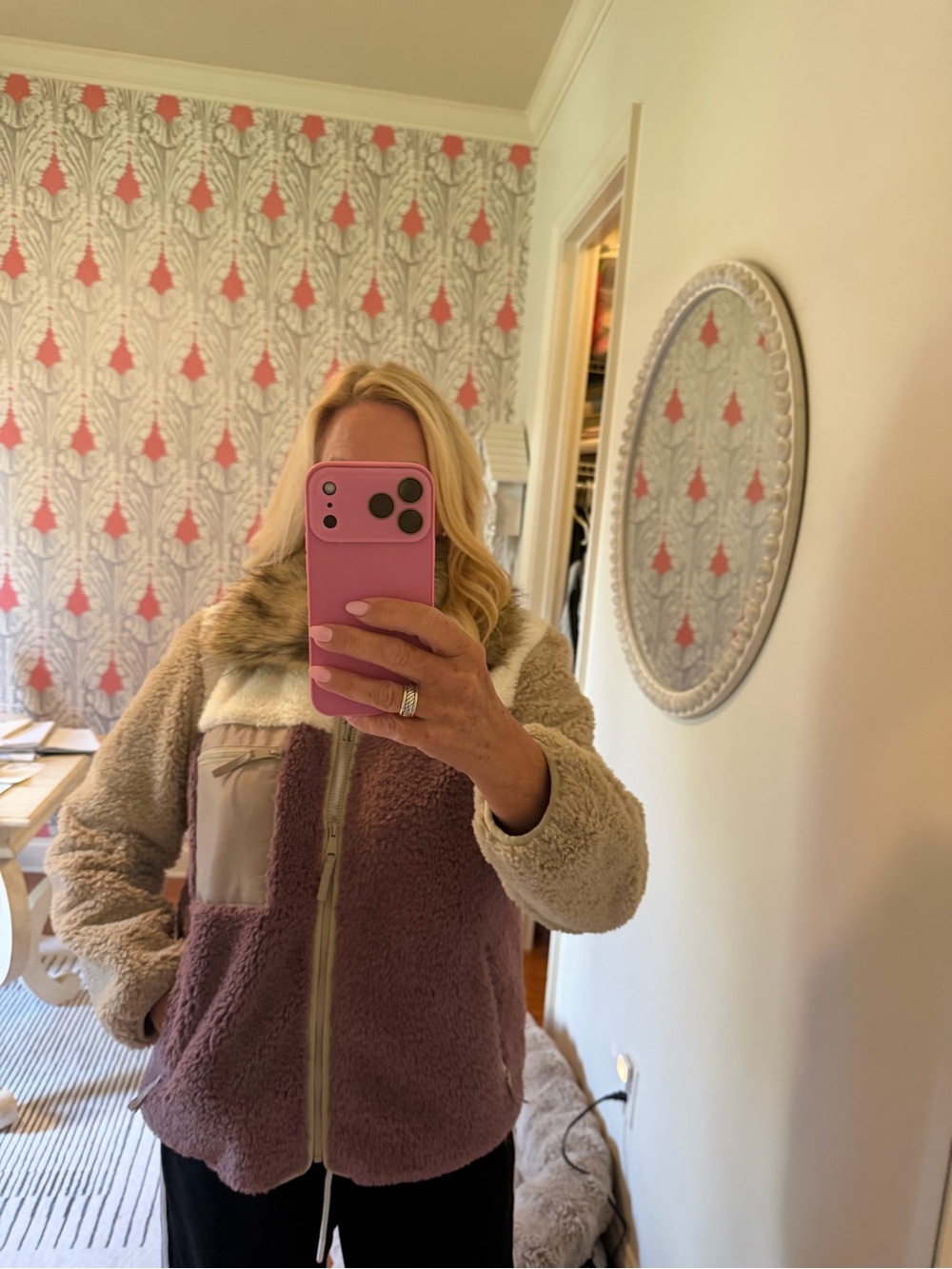 Tribal Colorblock Teddy Jacket with Faux Fur Collar